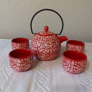 Ceramic Red TeaSet including Tea Pot and 4 Cups‎
